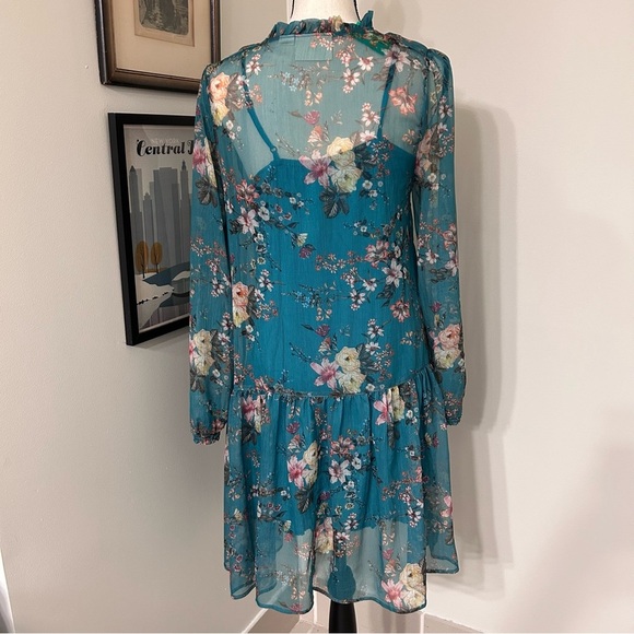 Anthropologie Mauve V-Neck Bishop Sleeve Sundress with spaghetti strap slip SZ S - Picture 2 of 5